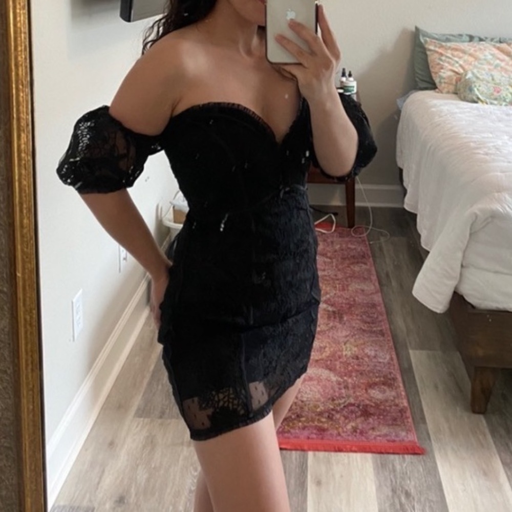 For Love & Lemons Azalea Lace Off The Shoulder Mini Dress - Black - NWT